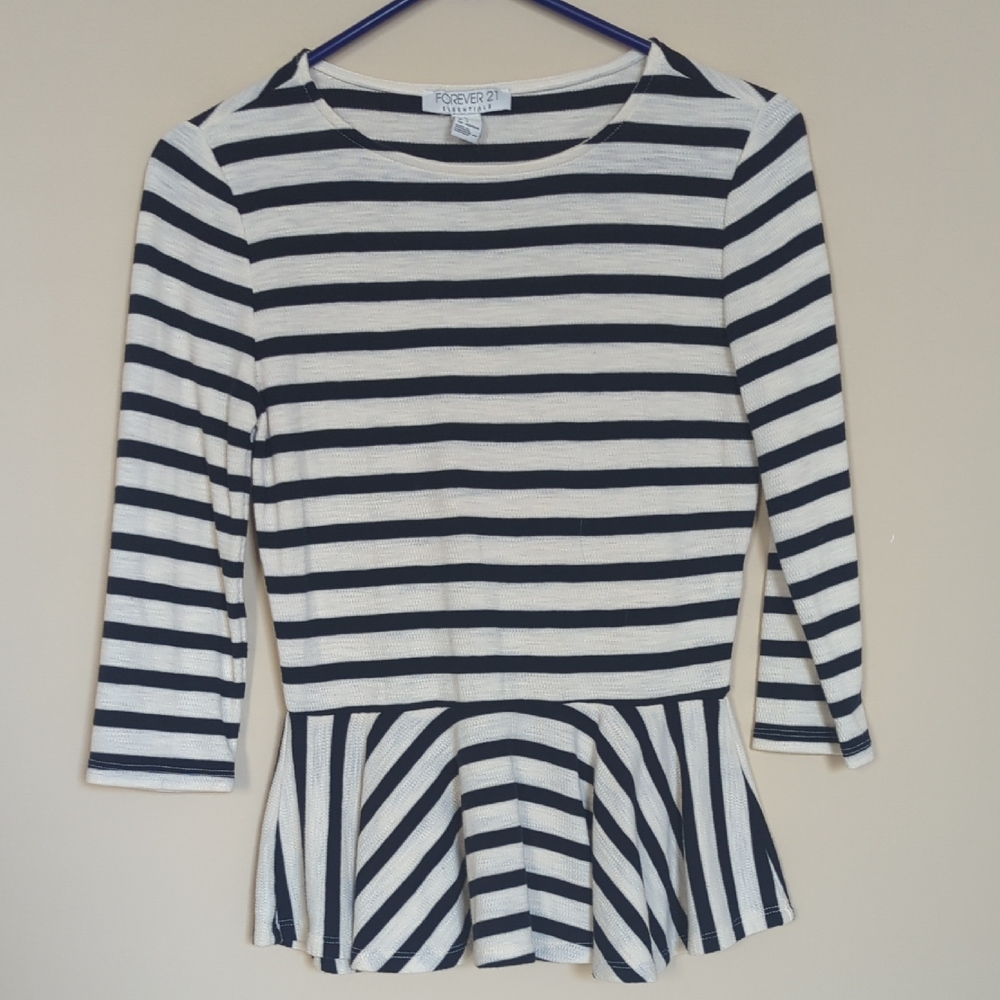 Forever 21 Navy and White Striped Long Sleeve Peplum Top